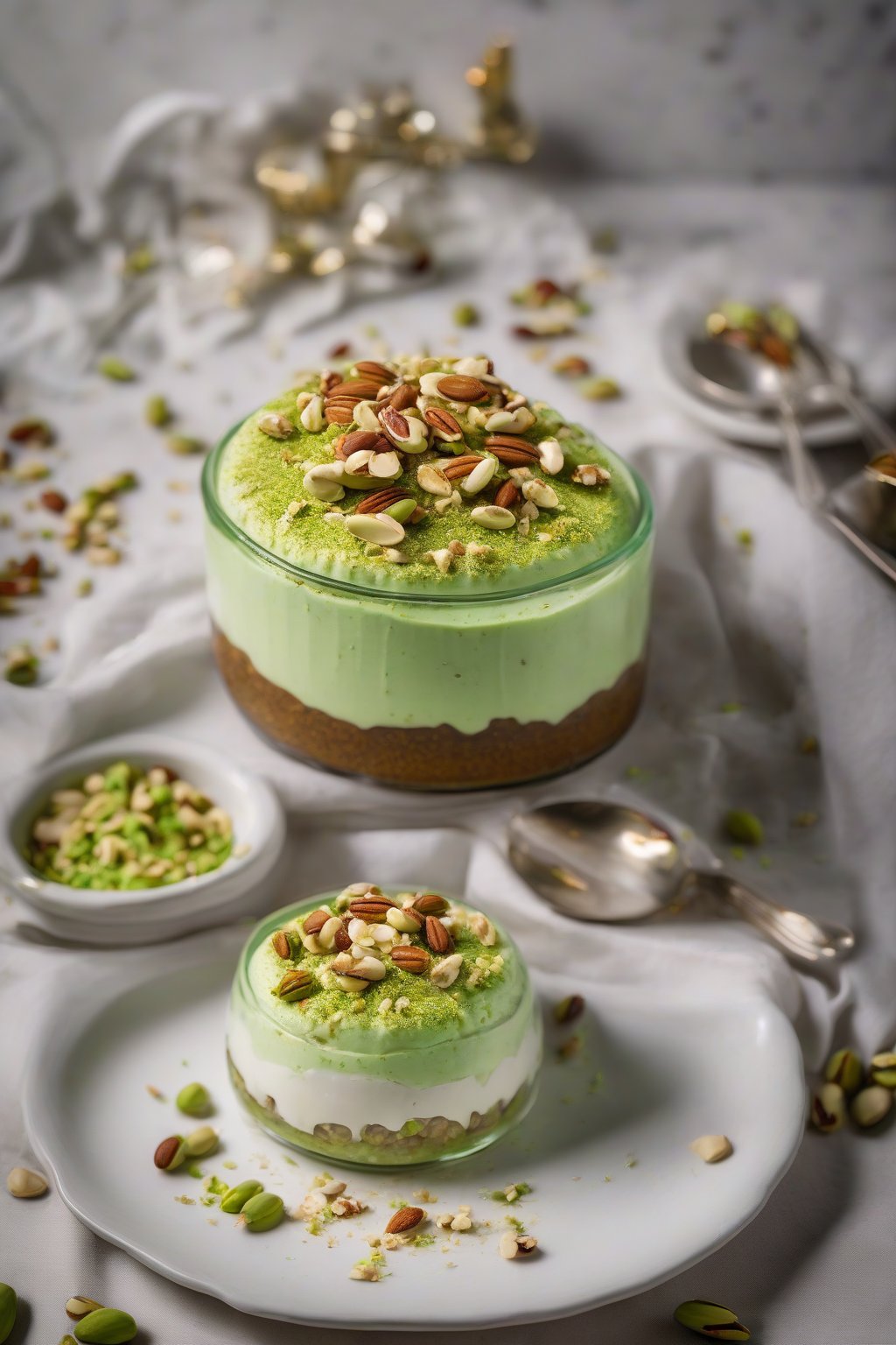 A high-resolution photo of vibrant green pistachio tiramisu topped with crushed nuts under soft lighting.