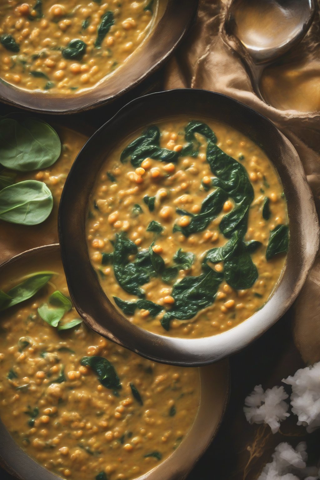 A high-resolution photo of curried coconut lentil soup swirled with coconut milk and spinach, under soft lighting.
