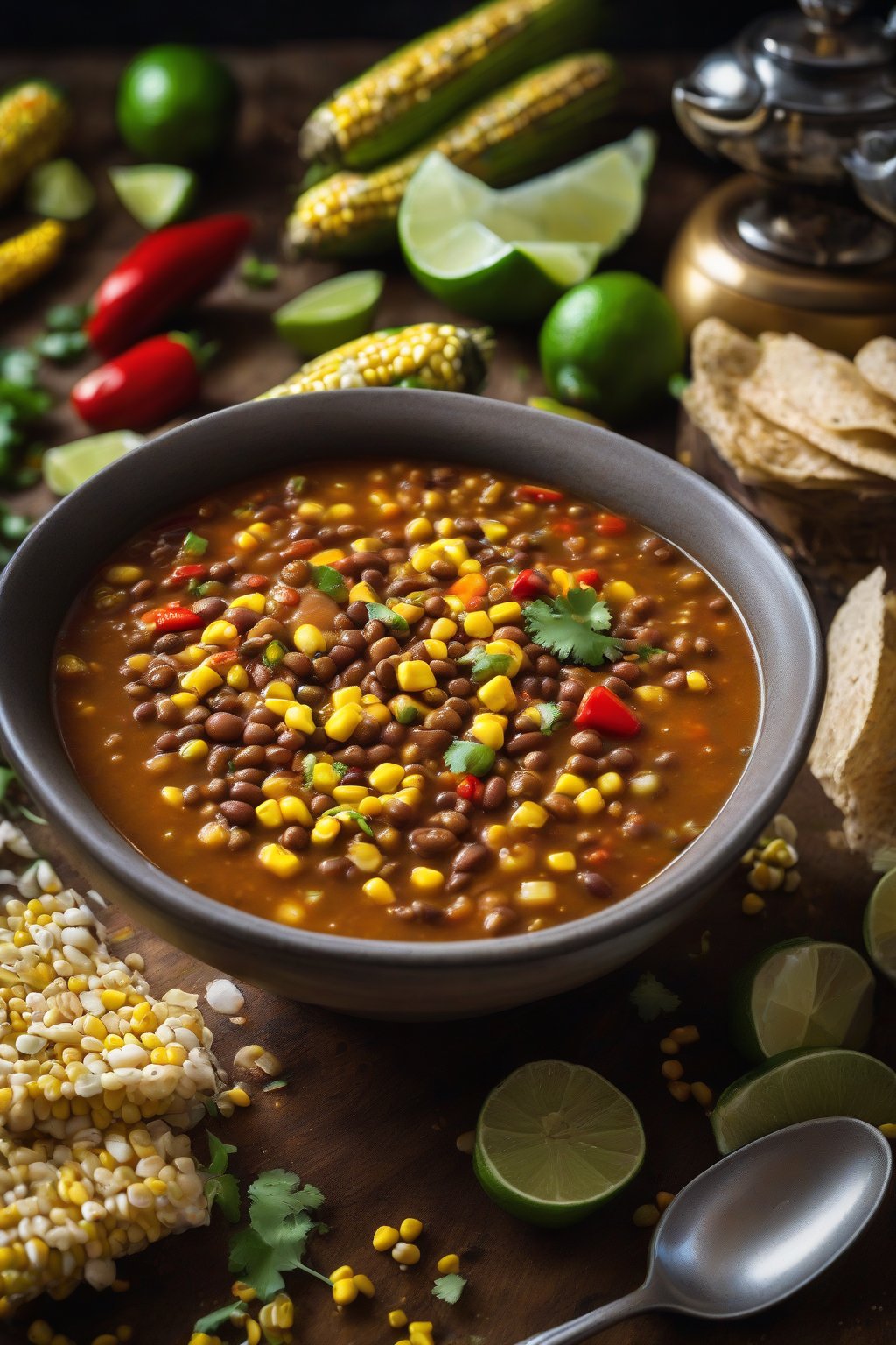 A high-resolution photo of smoky chipotle lentil soup with corn kernels and peppers, garnished with lime, under soft lighting.