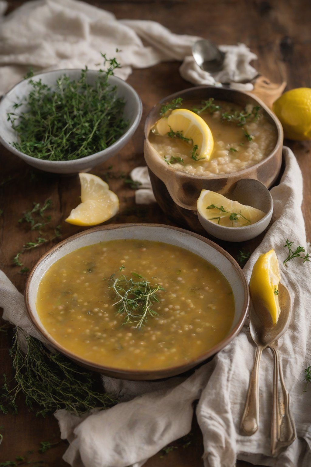A high-resolution photo of lemon-garlic lentil soup with fresh thyme sprigs and lemon slices, under soft lighting.