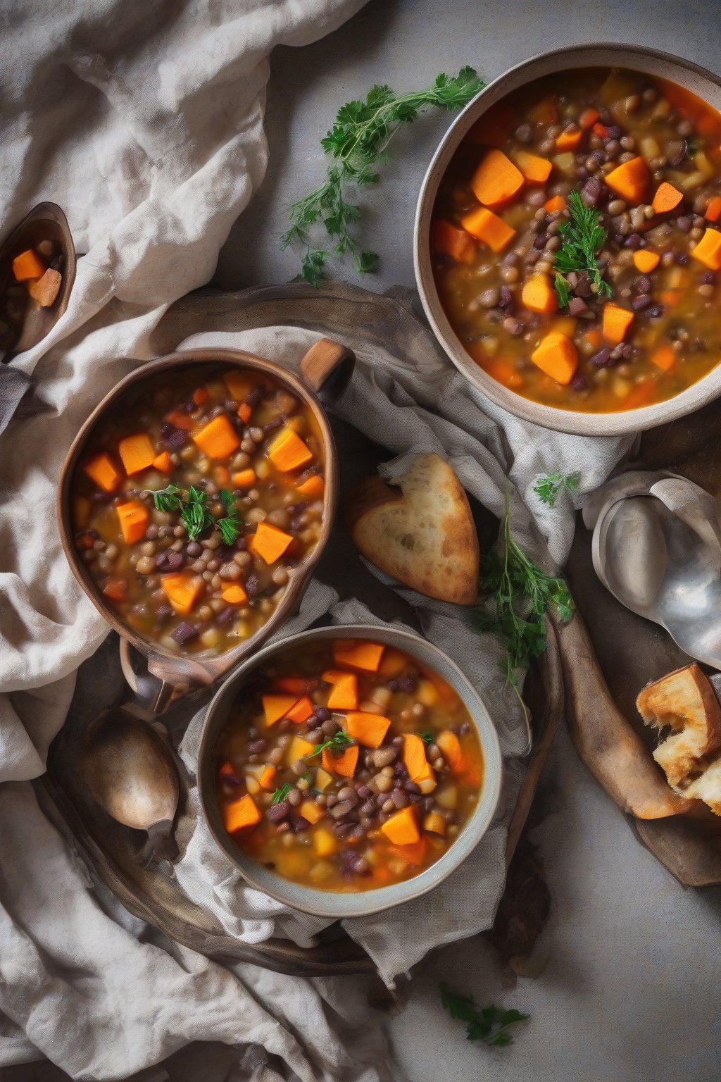 A high-resolution photo of hearty root vegetable lentil soup with colorful chunks of sweet potato and carrots, under soft lighting.