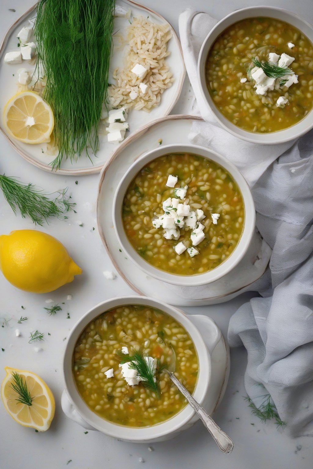 A high-resolution photo of Greek lemon lentil soup with orzo and dill, topped with feta, under soft lighting.