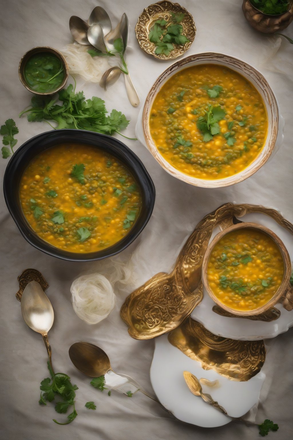 A high-resolution photo of Indian dal tadka lentil soup with a golden tadka swirl and cilantro, under soft lighting.