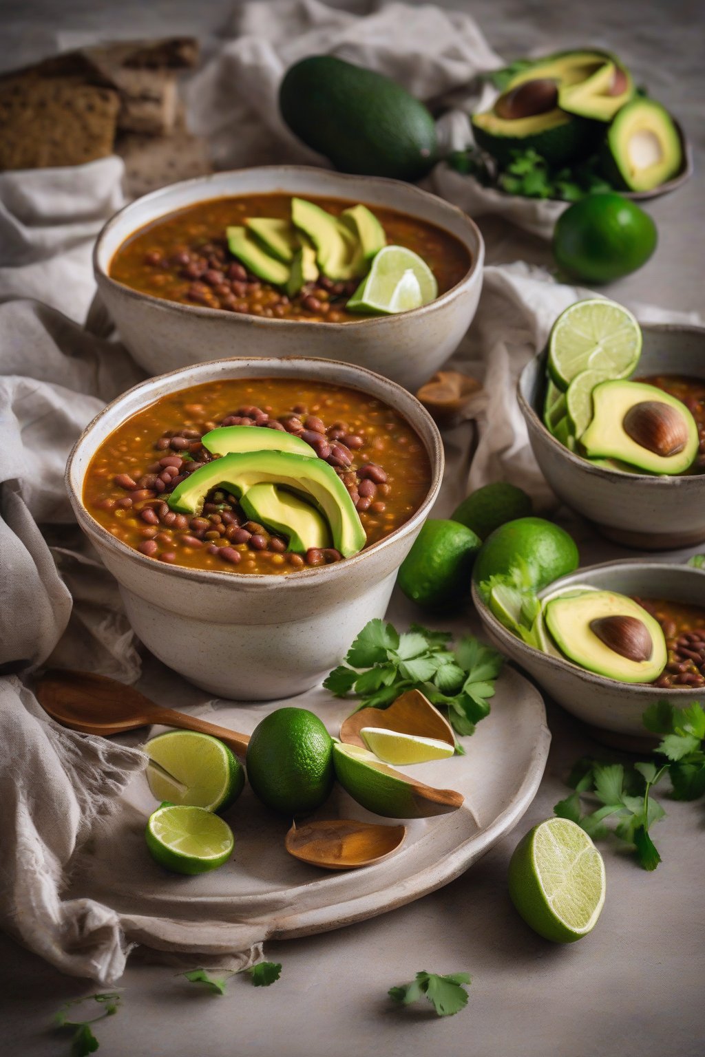 A high-resolution photo of Mexican pinto lentil soup topped with avocado slices and lime wedges, under soft lighting.