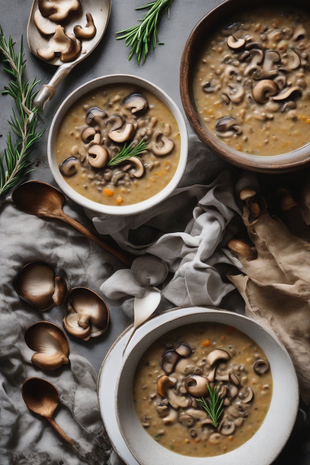 A high-resolution photo of creamy mushroom lentil soup with sliced mushrooms and rosemary, under soft lighting.