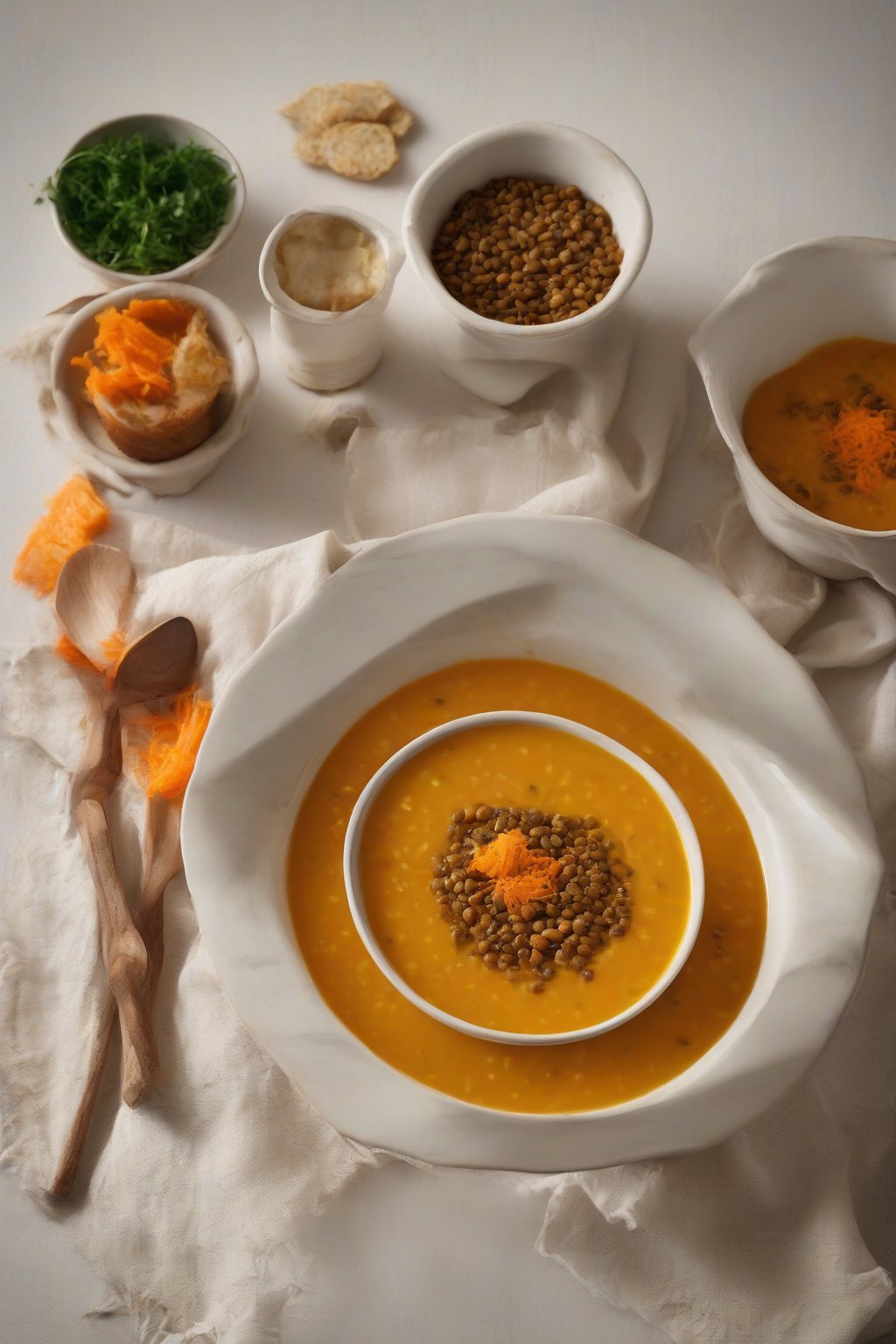 A high-resolution photo of spiced carrot lentil soup, smooth and orange-hued with ginger flecks, under soft lighting.