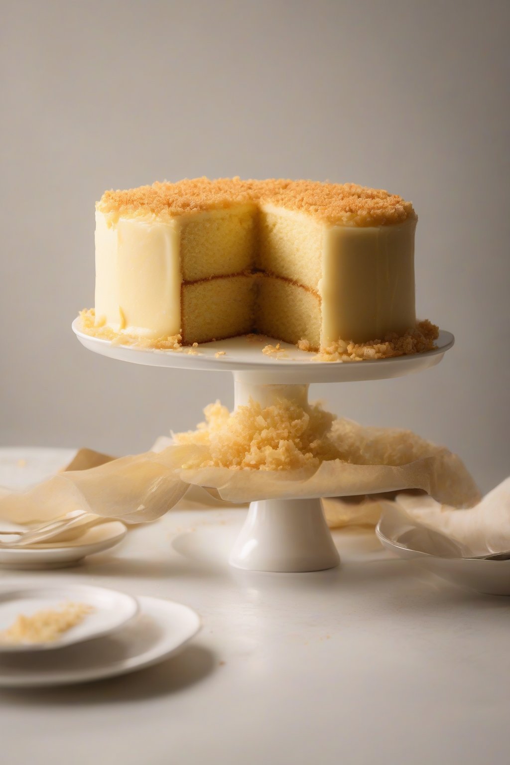 A high-resolution photo of a sliced classic moist yellow cake on a white cake stand, golden crumb visible, under soft lighting.