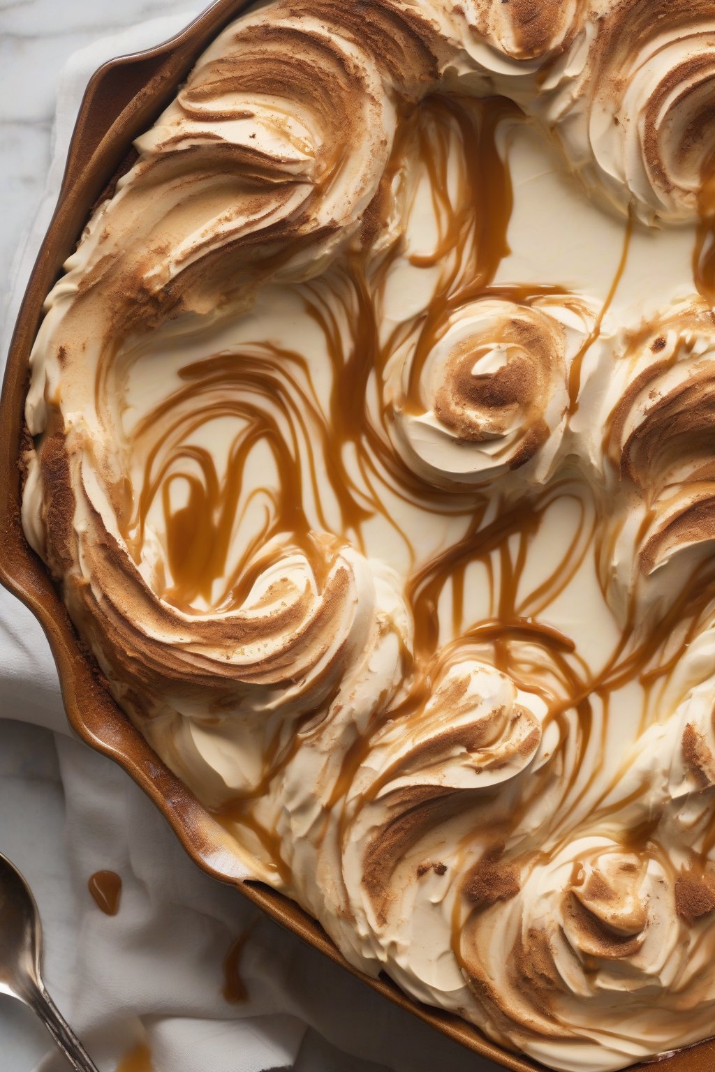 A high-resolution photo of dulce de leche tiramisu with gooey caramel swirls under soft lighting.