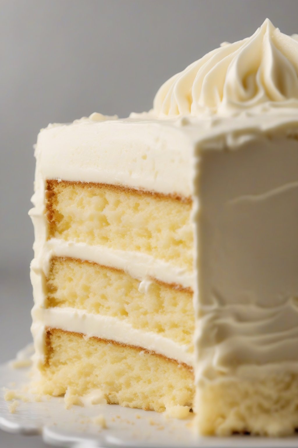 A high-resolution photo of sour cream moist yellow cake layers with cream cheese frosting, close-up on moist crumb, under soft lighting.