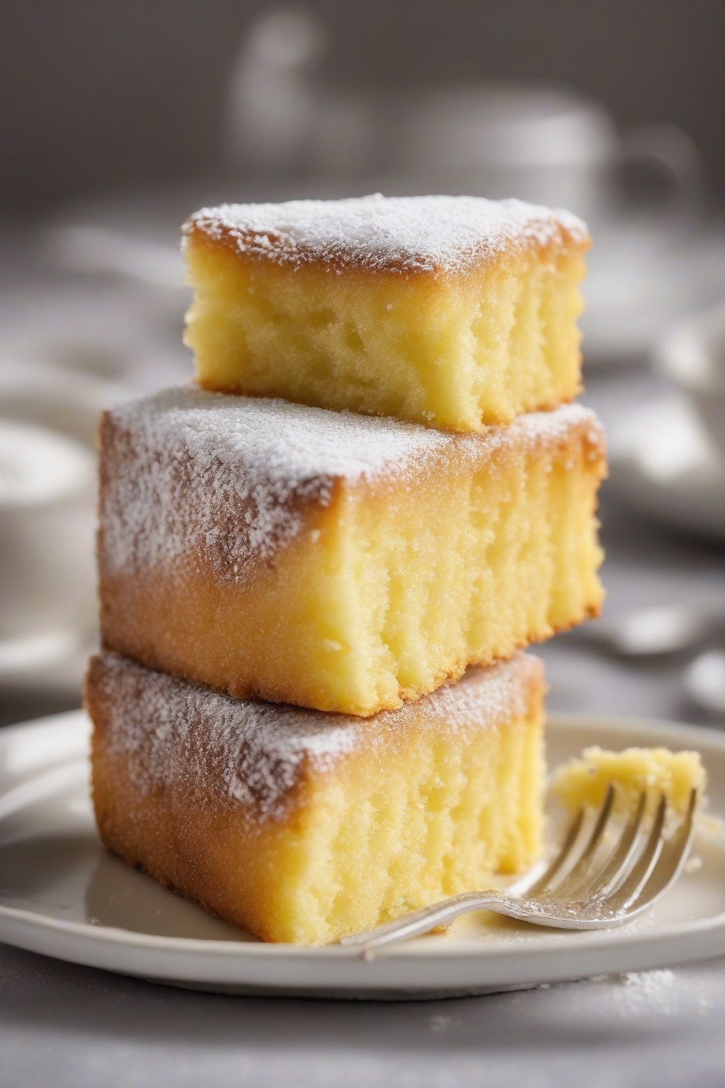 A high-resolution photo of oil-based moist yellow cake with powdered sugar dusting, fork cutting into fluffy slice, under soft lighting.