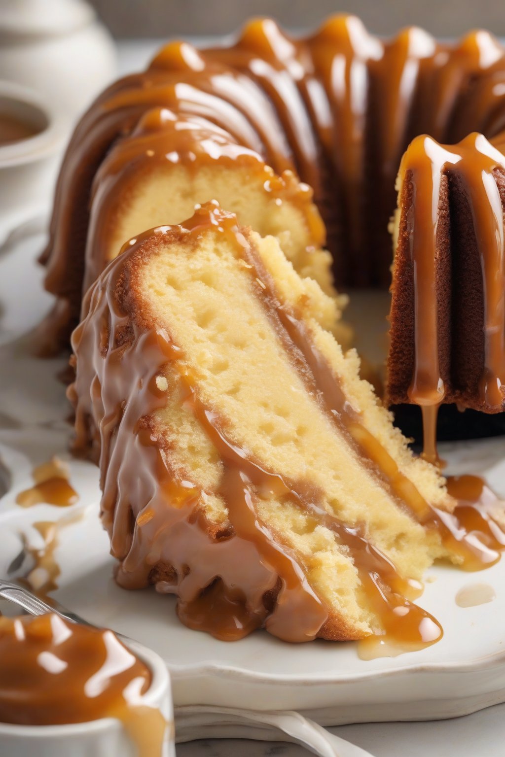 A high-resolution photo of pudding mix moist yellow cake in bundt form, drizzled with caramel, cross-section showing dense moisture, under soft lighting.