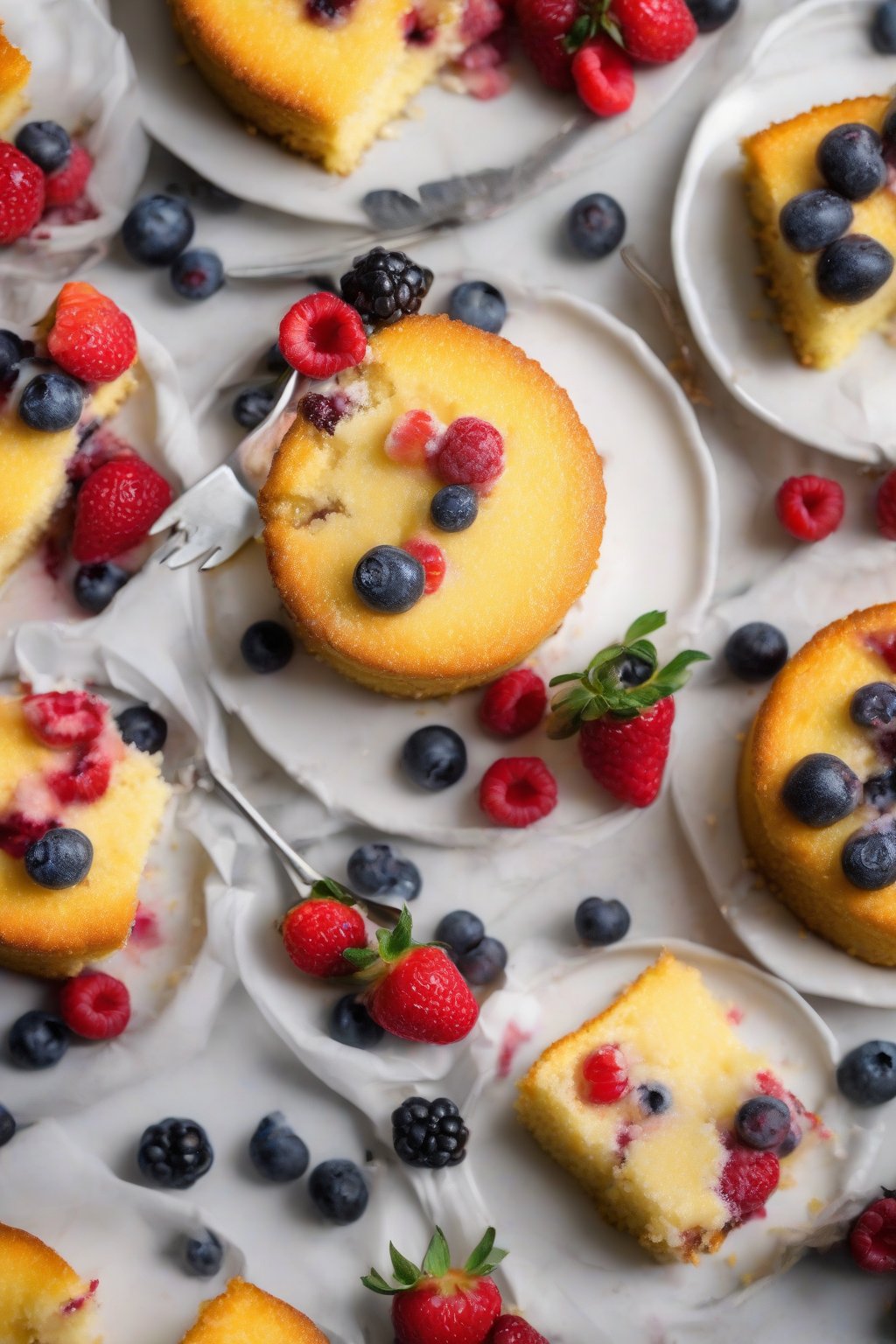 A high-resolution photo of yogurt moist yellow cake topped with fresh berries, interior crumb pulled apart, under soft lighting.