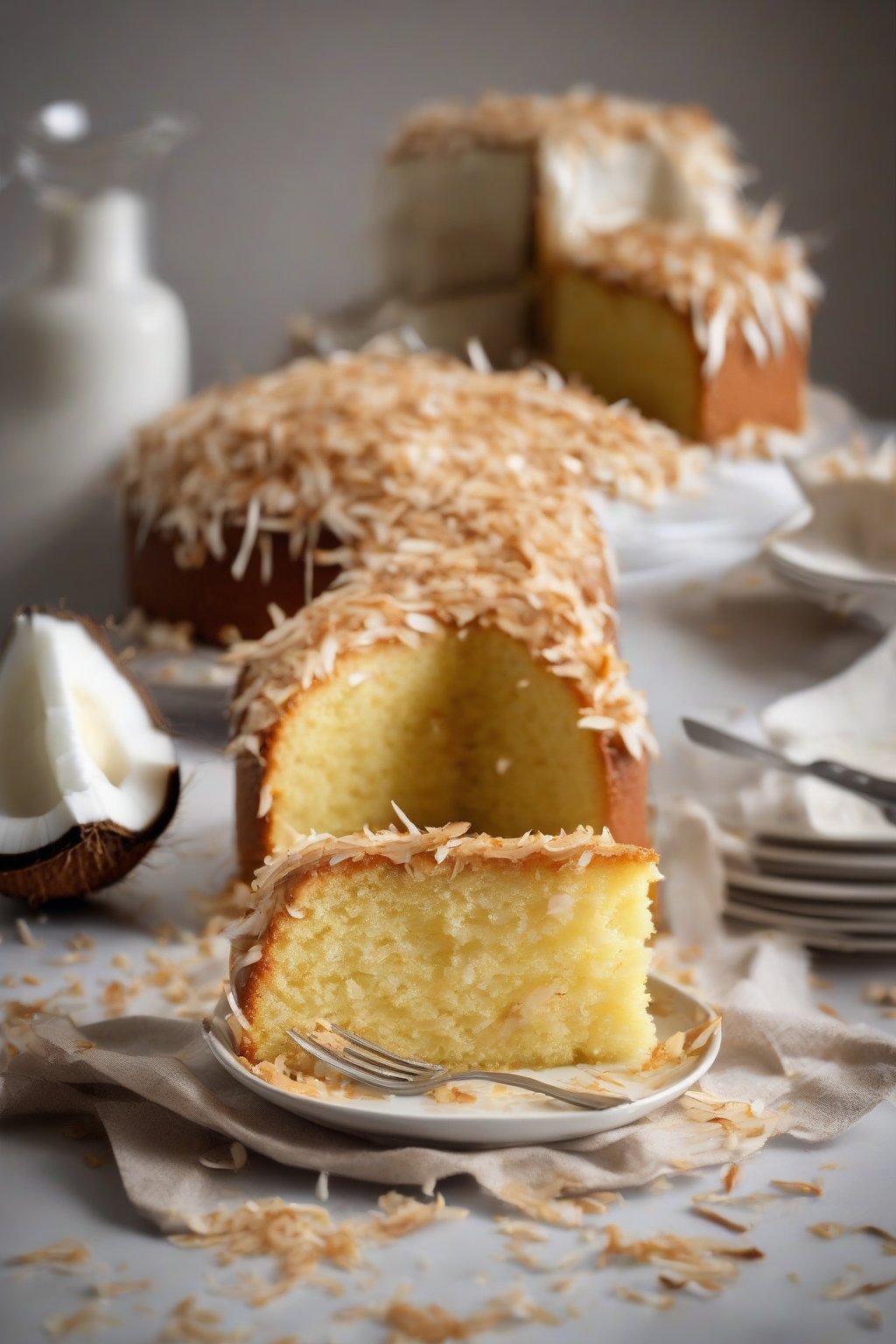 A high-resolution photo of coconut oil moist yellow cake with toasted coconut flakes, slice revealing oily sheen, under soft lighting.