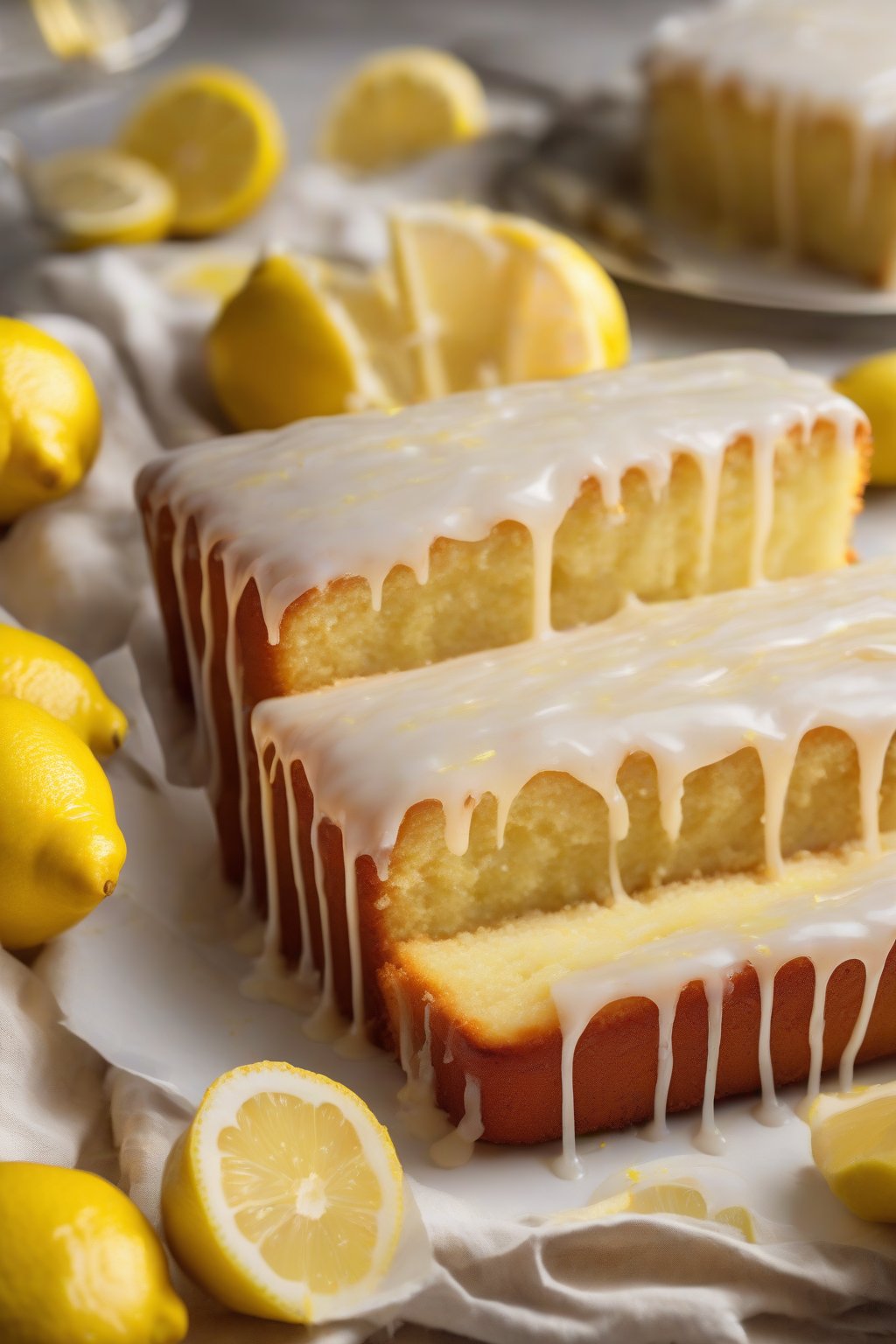 A high-resolution photo of lemon zest moist yellow cake with lemon glaze drizzle, vibrant yellow hue, under soft lighting.