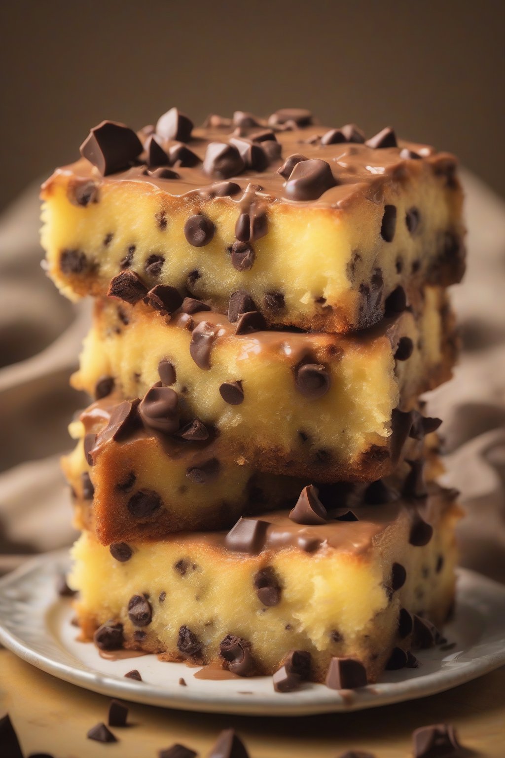 A high-resolution photo of chocolate chip moist yellow cake, melted chips oozing from slice, under soft lighting.