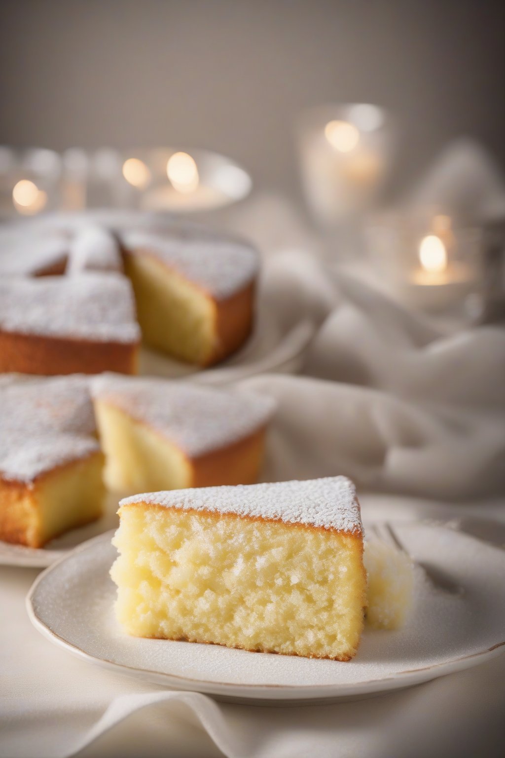 A high-resolution photo of almond moist yellow cake dusted with powdered sugar, elegant slice on plate, under soft lighting.