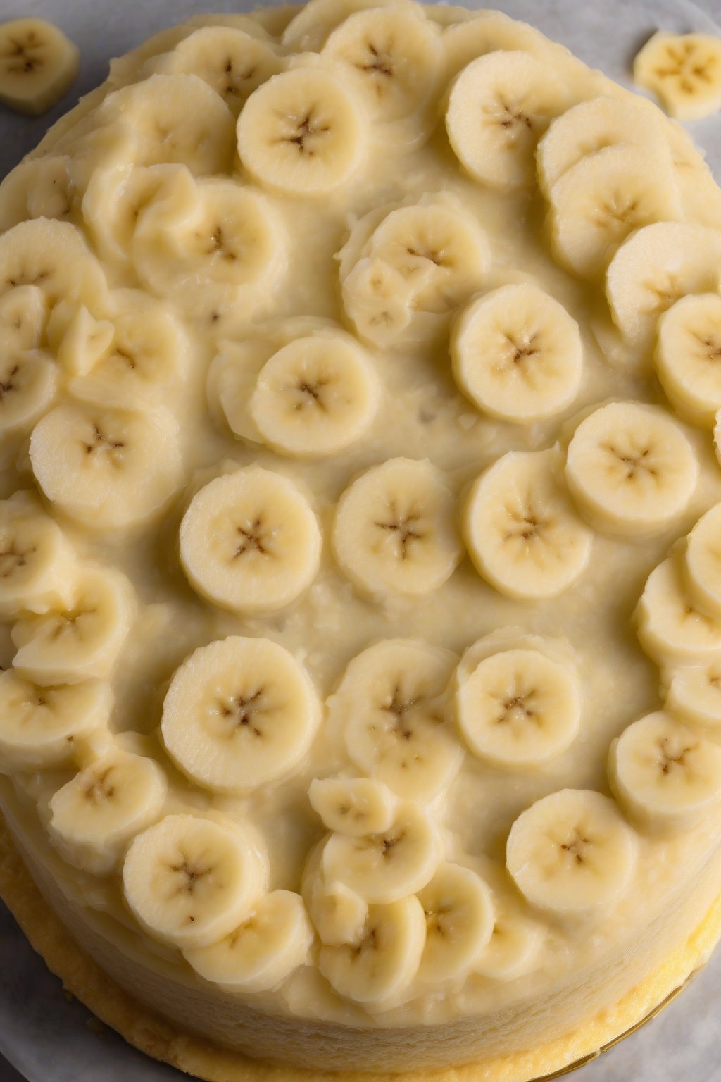 A high-resolution photo of banana-infused moist yellow cake with banana slices on top, moist flecks visible, under soft lighting.
