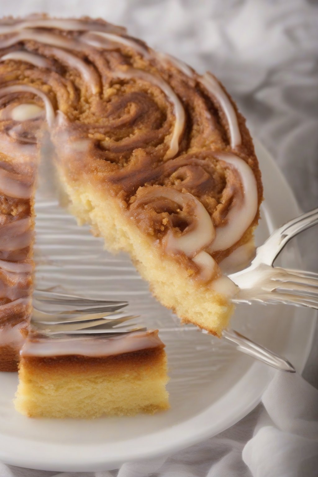 A high-resolution photo of applesauce moist yellow cake with cinnamon swirl, fork-pierced slice showing steam, under soft lighting.