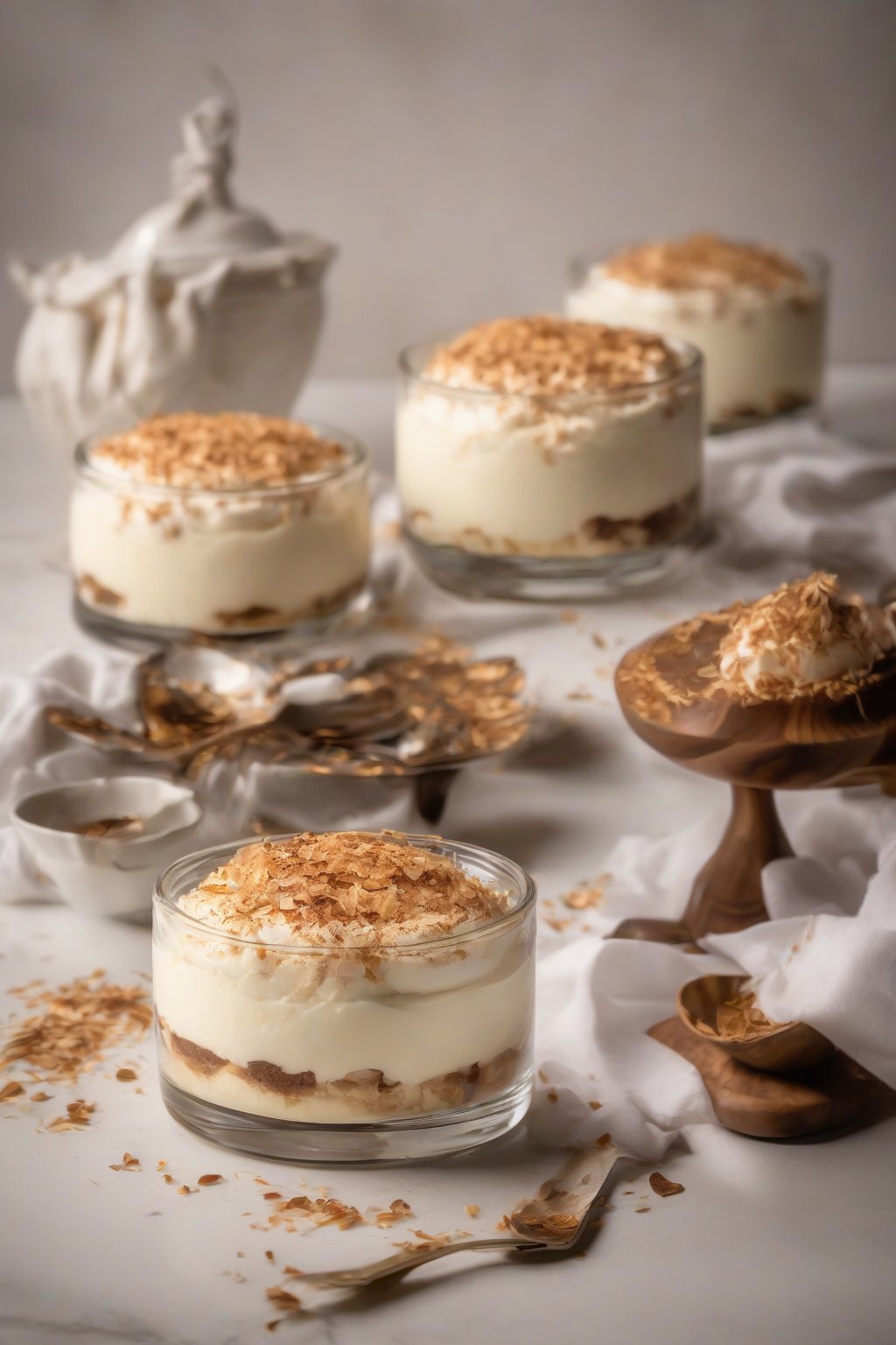 A high-resolution photo of coconut tiramisu garnished with toasted flakes under soft lighting.