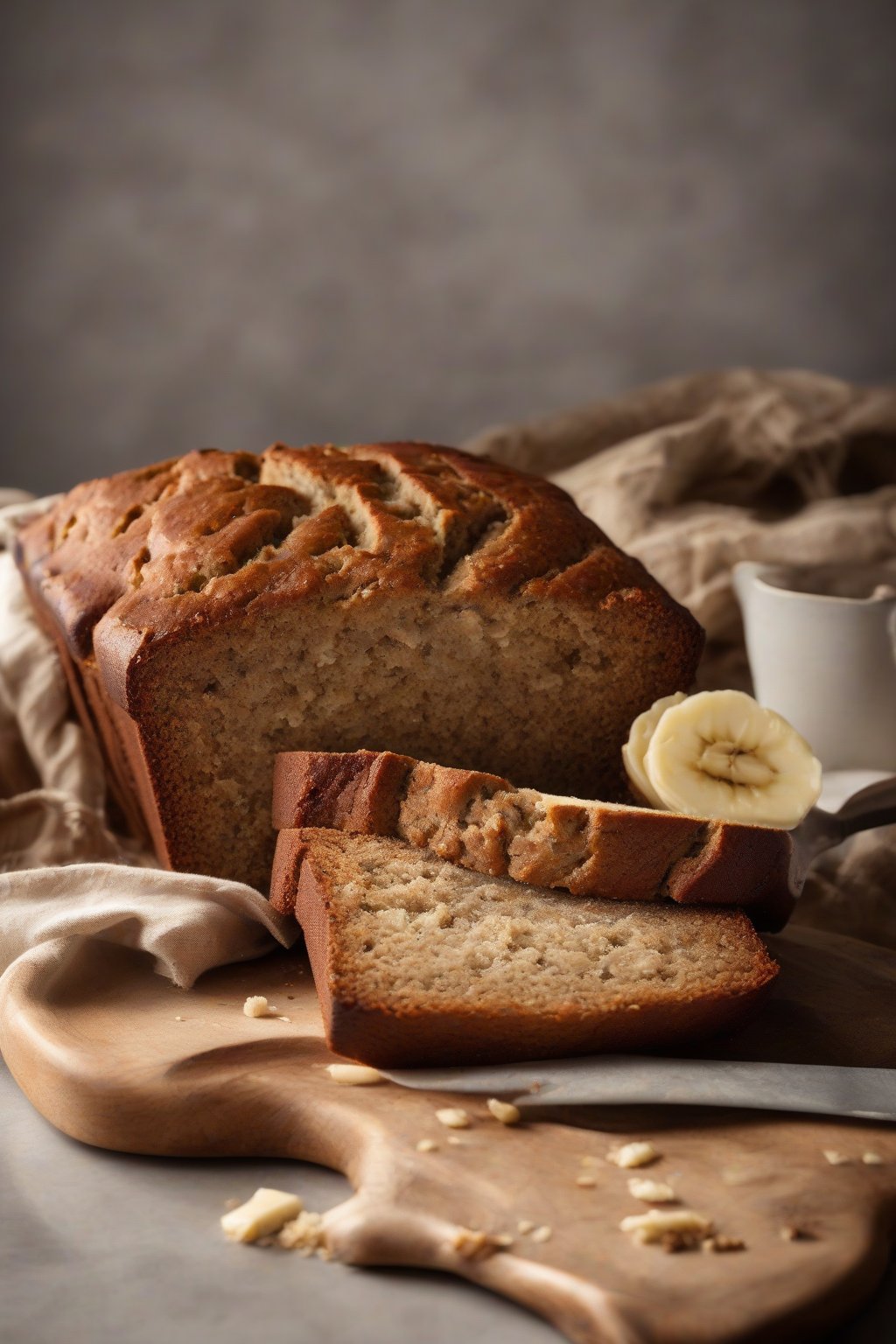 A high-resolution photo of a golden loaf of classic moist banana bread sliced to show its tender crumb, under soft lighting.