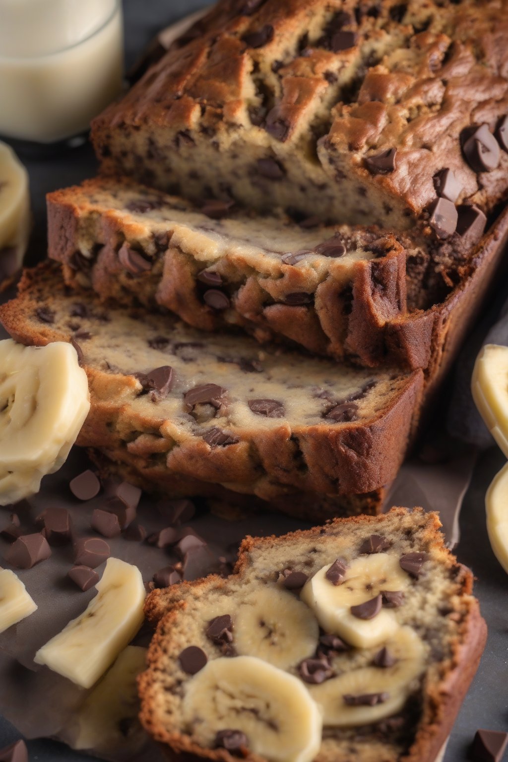 A high-resolution photo of chocolate chip banana bread with gooey chips oozing out of a slice, under soft lighting.