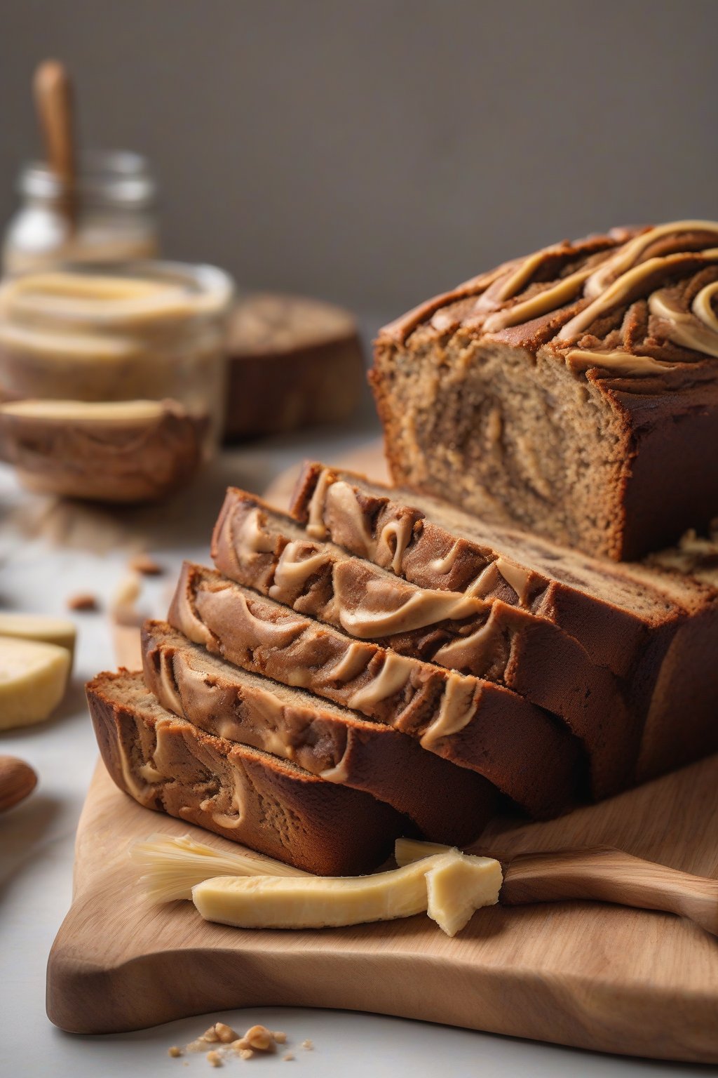 A high-resolution photo of peanut butter swirl banana bread with visible creamy swirls in a sliced loaf, under soft lighting.