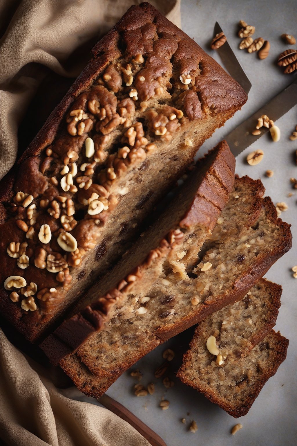 A high-resolution photo of walnut banana bread studded with crunchy nuts, sliced to reveal texture, under soft lighting.