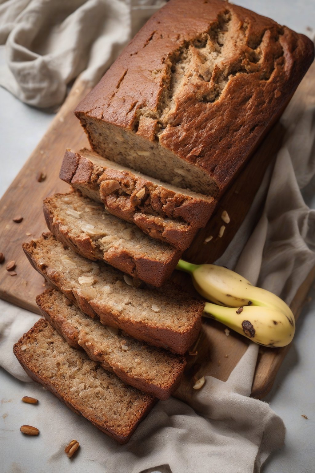 A high-resolution photo of a vegan banana bread loaf with a crackly top, sliced neatly, under soft lighting.