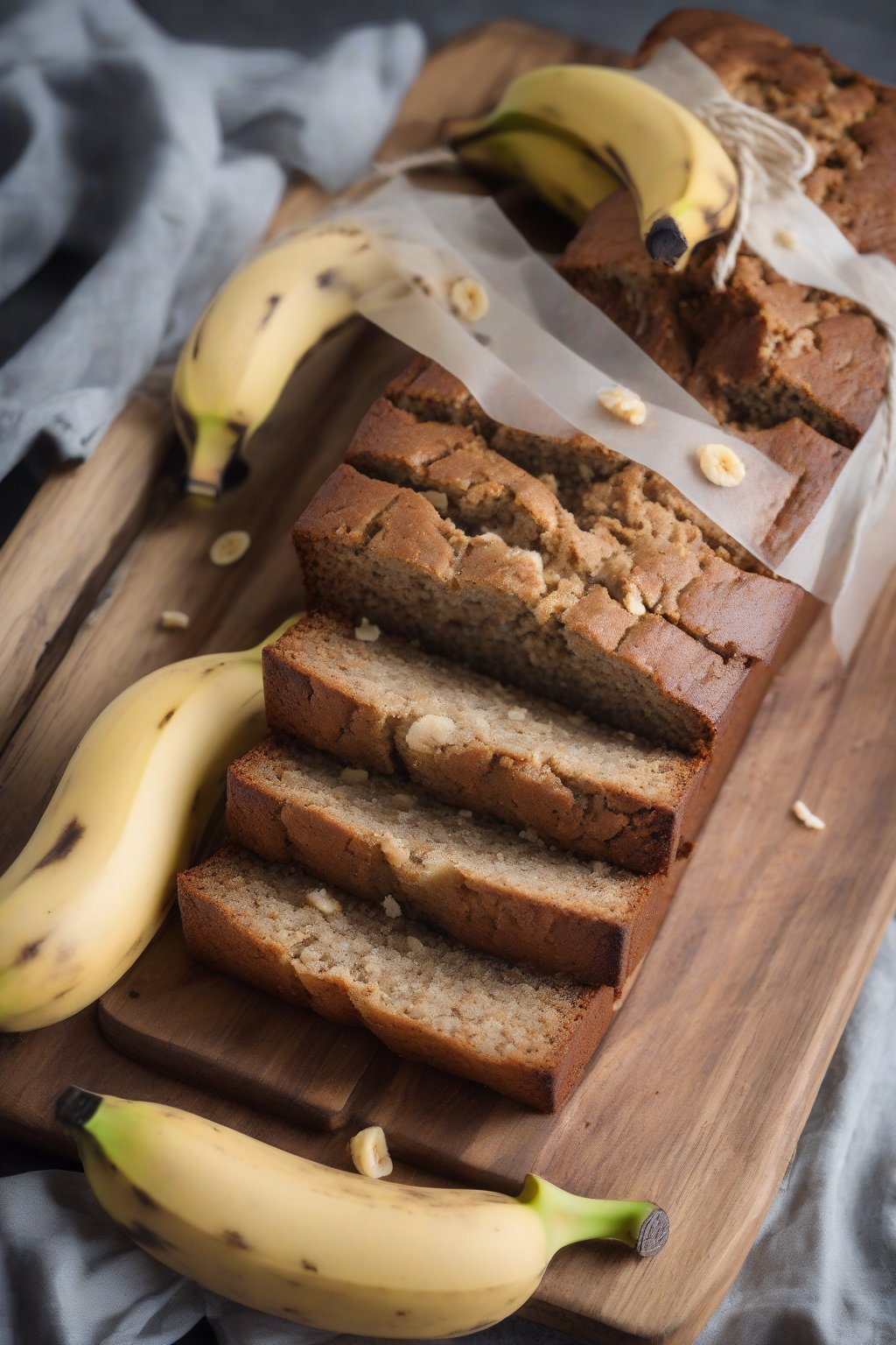 A high-resolution photo of gluten-free banana bread with a light crumb, topped with banana slices, under soft lighting.