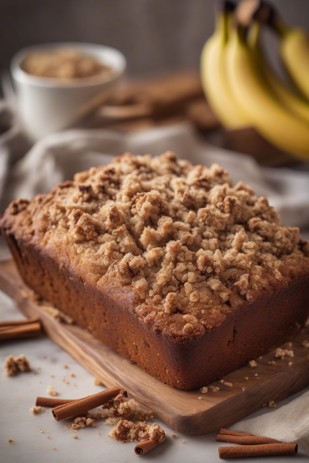 A high-resolution photo of cinnamon streusel banana bread with crumbly topping cascading off a slice, under soft lighting.