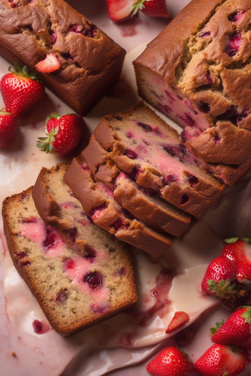 A high-resolution photo of strawberry banana bread dotted with pink berry chunks, juices staining the crumb, under soft lighting.
