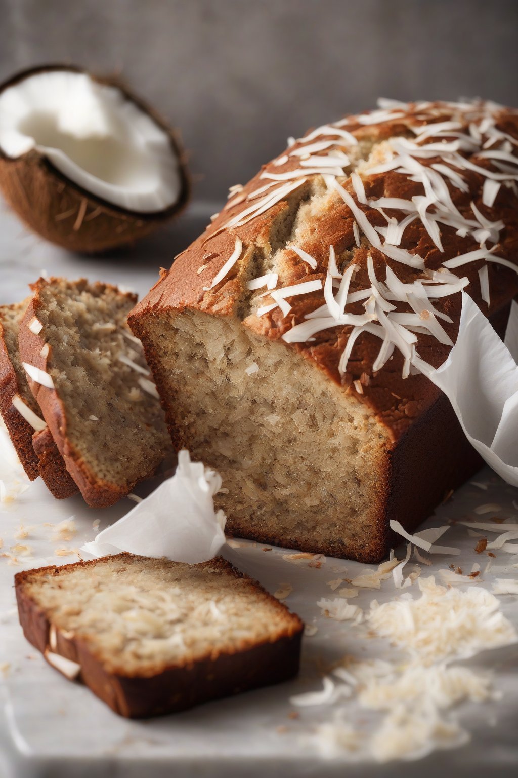 A high-resolution photo of coconut banana bread flecked with white shreds, sliced to show moist interior, under soft lighting.