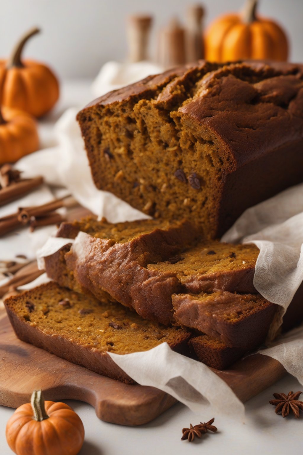 A high-resolution photo of pumpkin spice banana bread with warm orange hues and spices visible, under soft lighting.