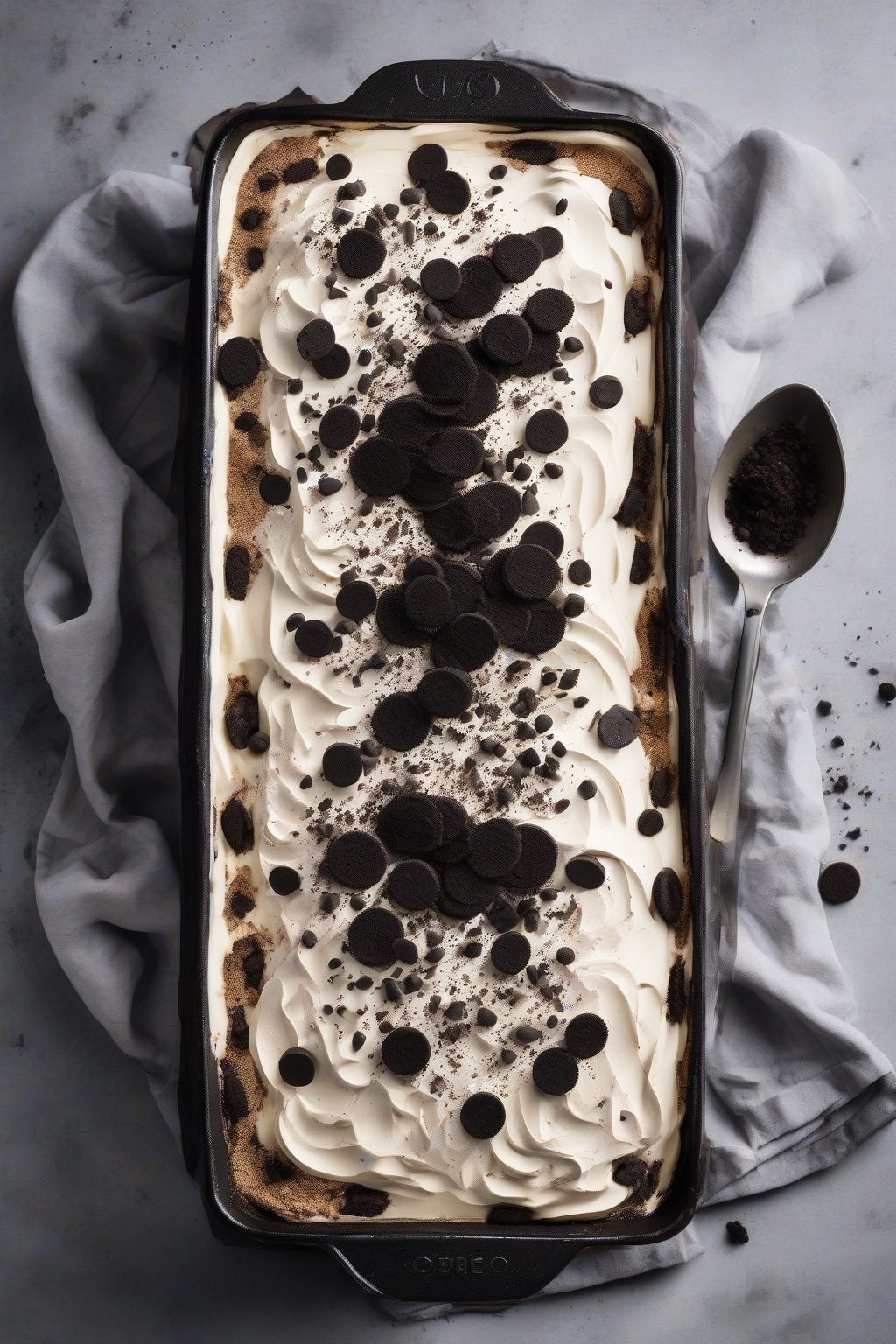 A high-resolution photo of Oreo tiramisu with black cookie crumb layers under soft lighting.