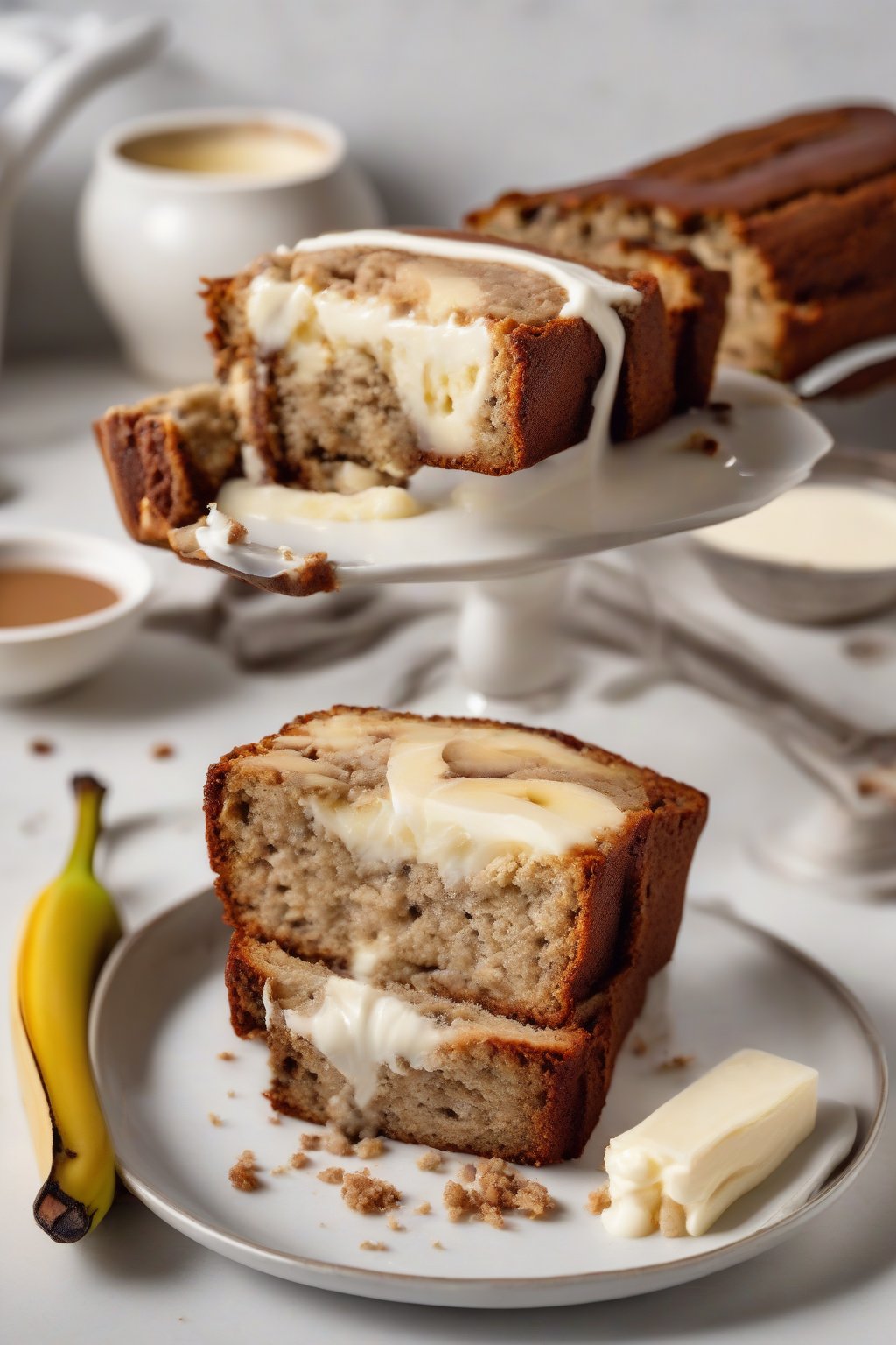 A high-resolution photo of cheesecake-stuffed banana bread cut open to reveal gooey cream center, under soft lighting.