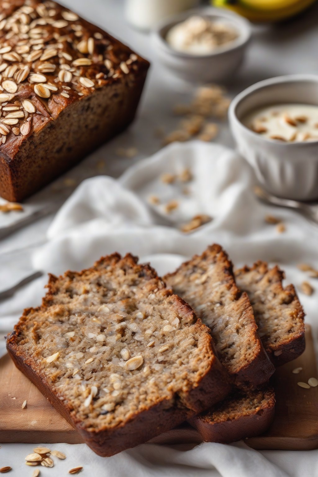 A high-resolution photo of healthy Greek yogurt banana bread with oats on top, dense and wholesome slice, under soft lighting.