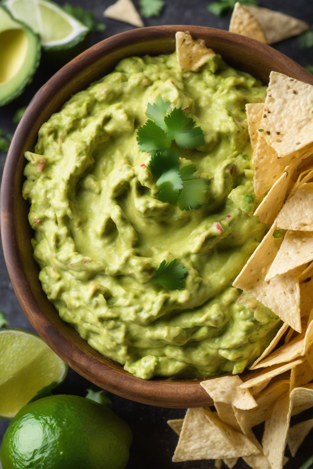 A high-resolution close-up photo of classic creamy guacamole in a rustic bowl with lime wedges and tortilla chips around it, under soft lighting.