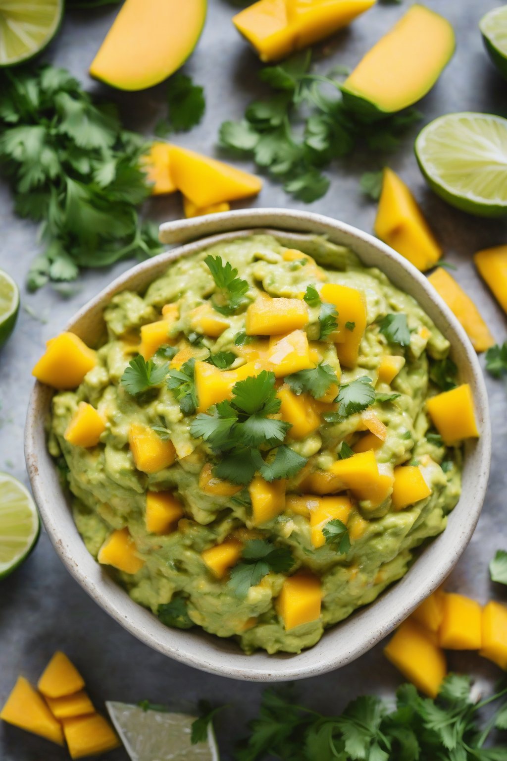 A high-resolution close-up photo of tropical mango guacamole topped with mango chunks and cilantro sprigs, under soft lighting.