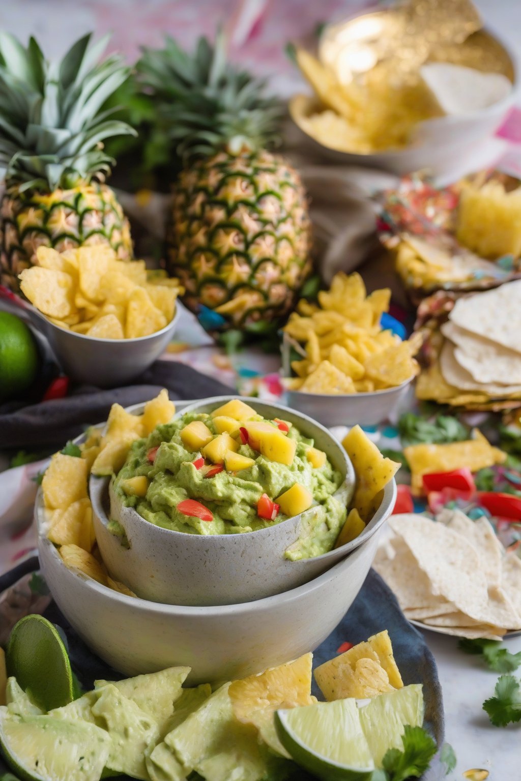 A high-resolution close-up photo of pineapple fiesta guacamole with golden pineapple pieces in a colorful bowl, under soft lighting.