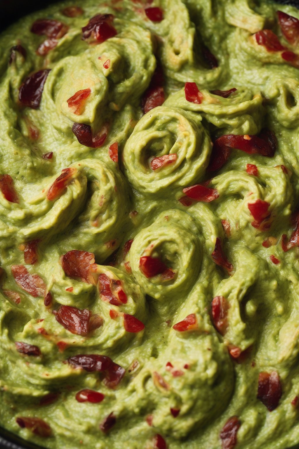 A high-resolution close-up photo of smoky chipotle guacamole swirled with red flecks in a dark bowl, under soft lighting.