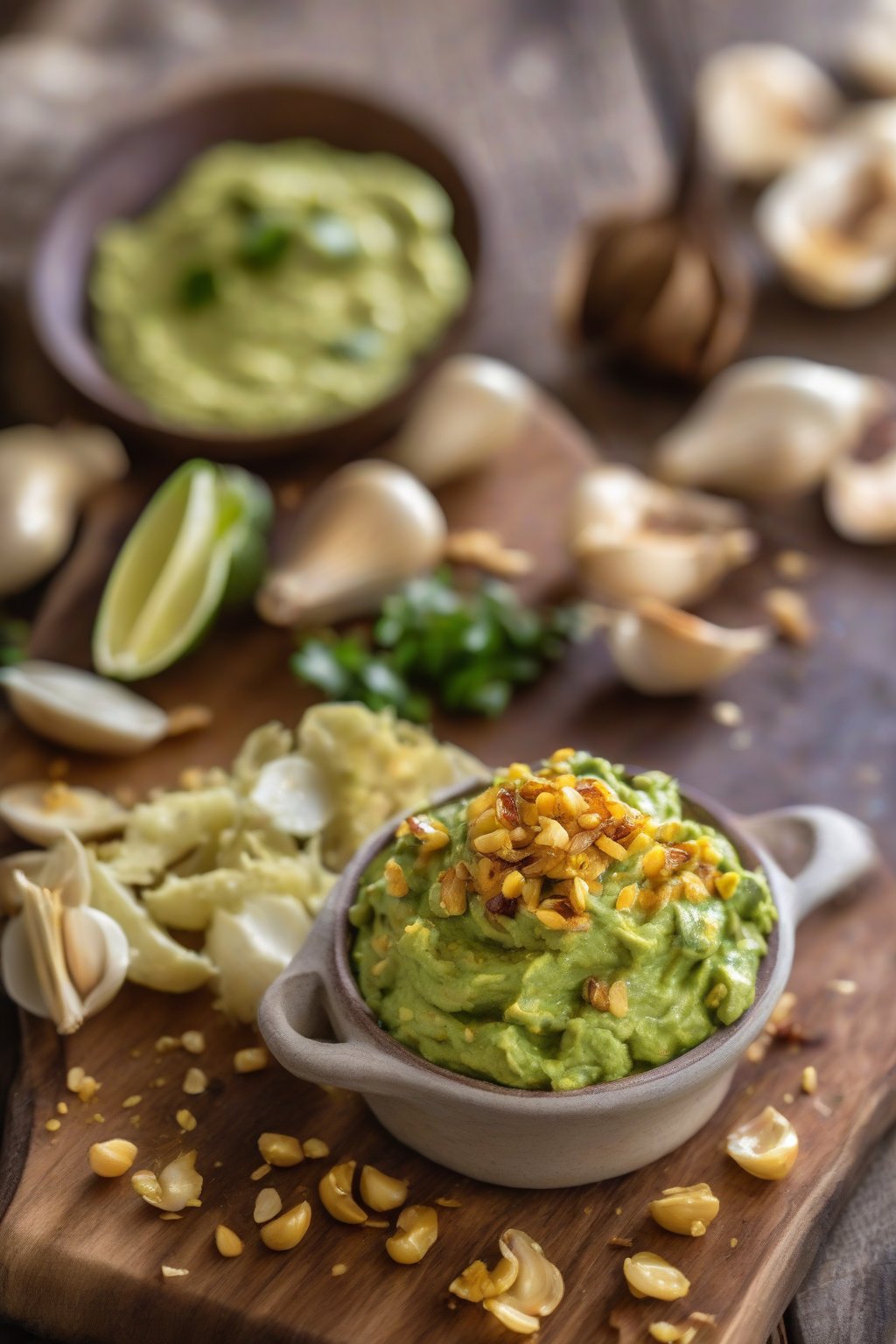 A high-resolution close-up photo of roasted garlic guacamole with golden garlic bits on a wooden board, under soft lighting.