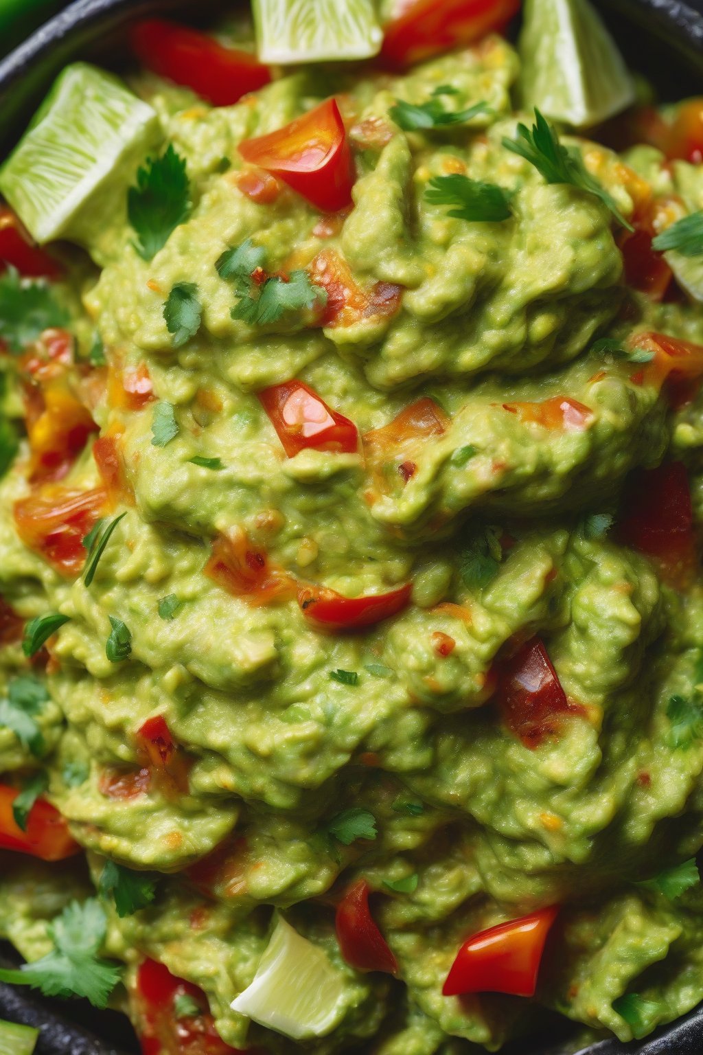 A high-resolution close-up photo of spicy habanero guacamole with vibrant green hues and pepper flecks, under soft lighting.