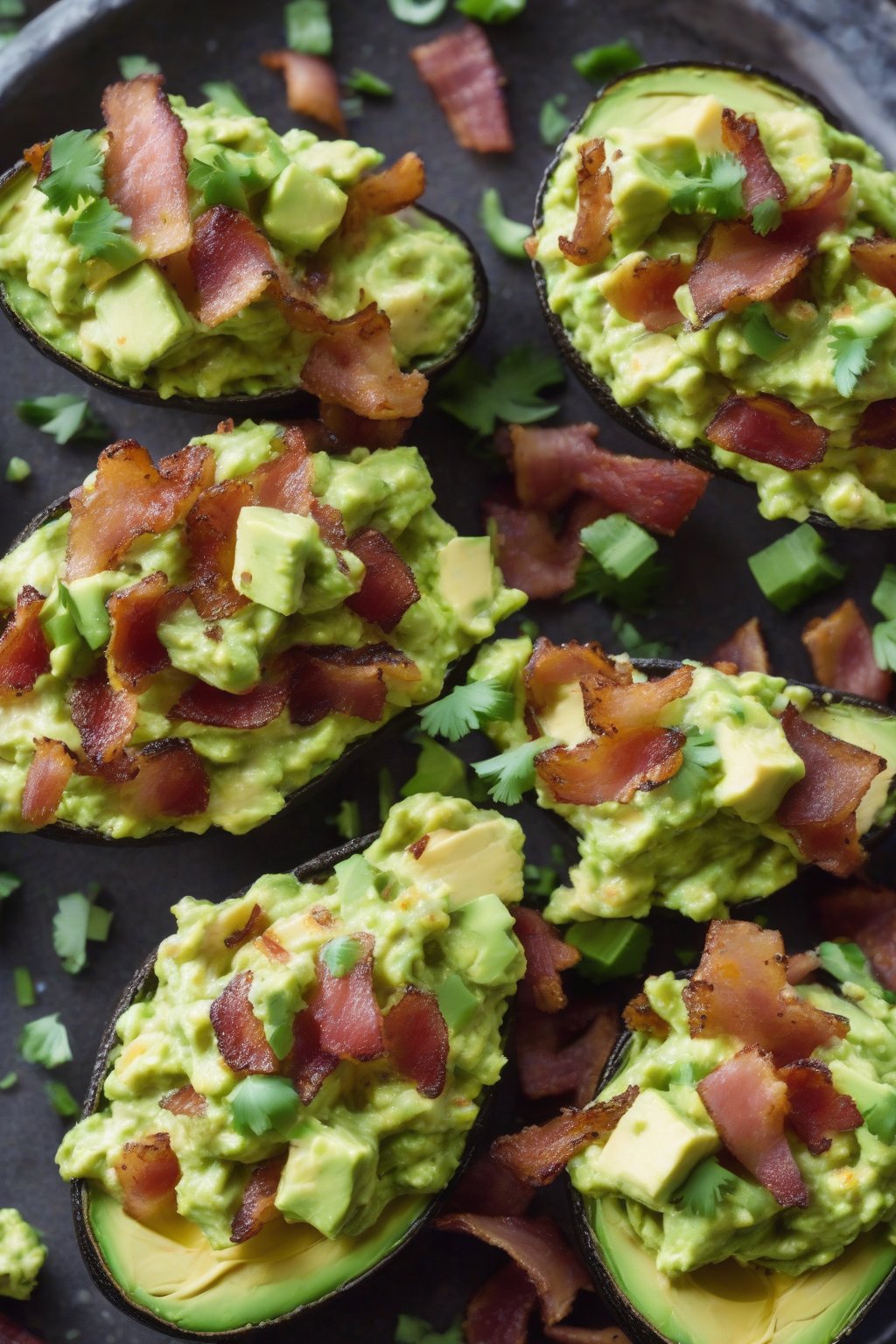 A high-resolution close-up photo of bacon avocado guacamole sprinkled with bacon crumbles and green onions, under soft lighting.