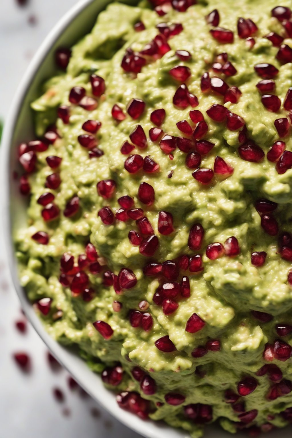 A high-resolution close-up photo of pomegranate jewel guacamole bursting with red seeds in a white bowl, under soft lighting.
