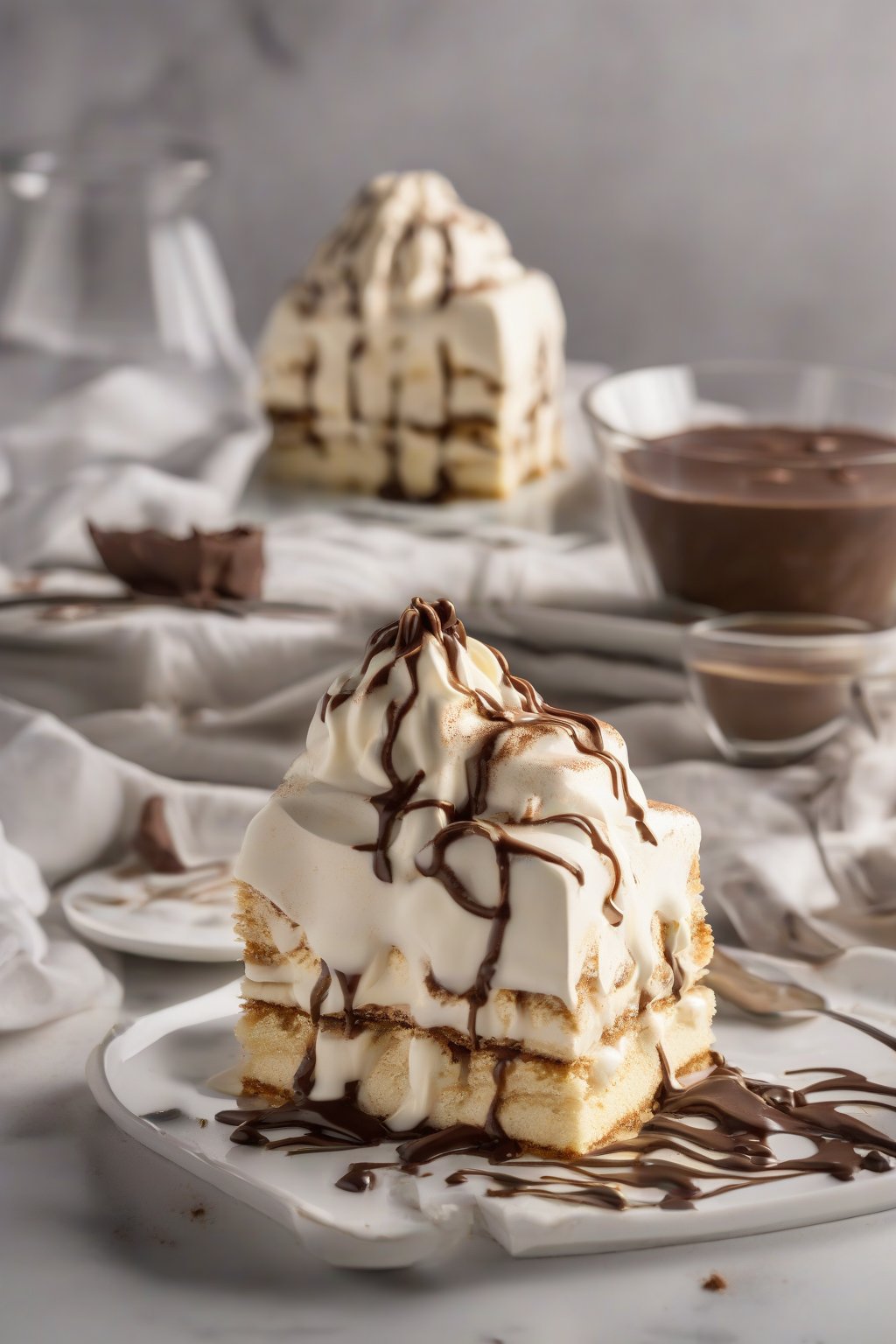 A high-resolution photo of Baileys tiramisu drizzled with cream under soft lighting.