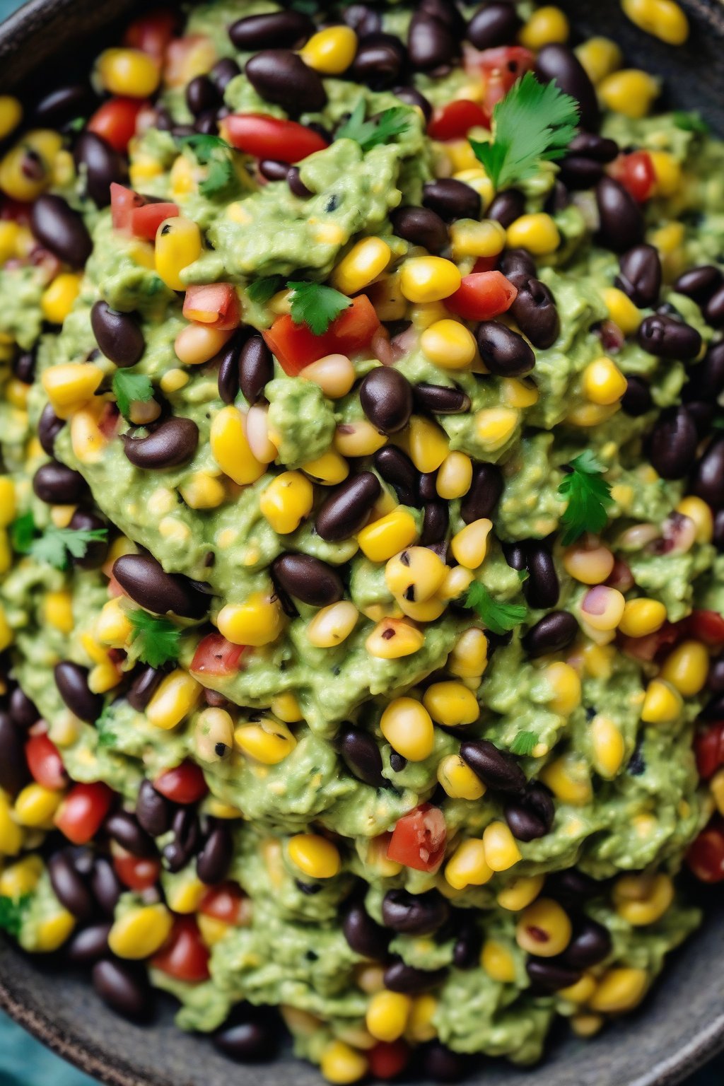 A high-resolution close-up photo of corn and black bean guacamole with colorful kernels and beans, under soft lighting.