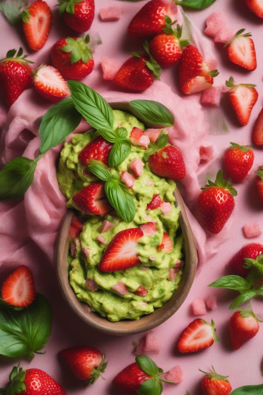 A high-resolution close-up photo of strawberry sweet guacamole with pink strawberry pieces and basil, under soft lighting.