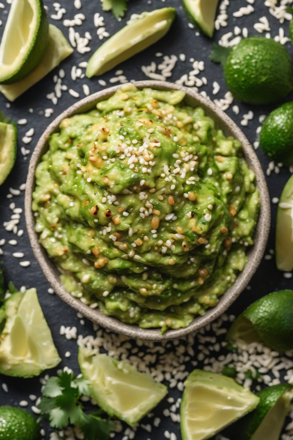 A high-resolution close-up photo of sesame Asian guacamole drizzled with oil and topped with sesame seeds, under soft lighting.