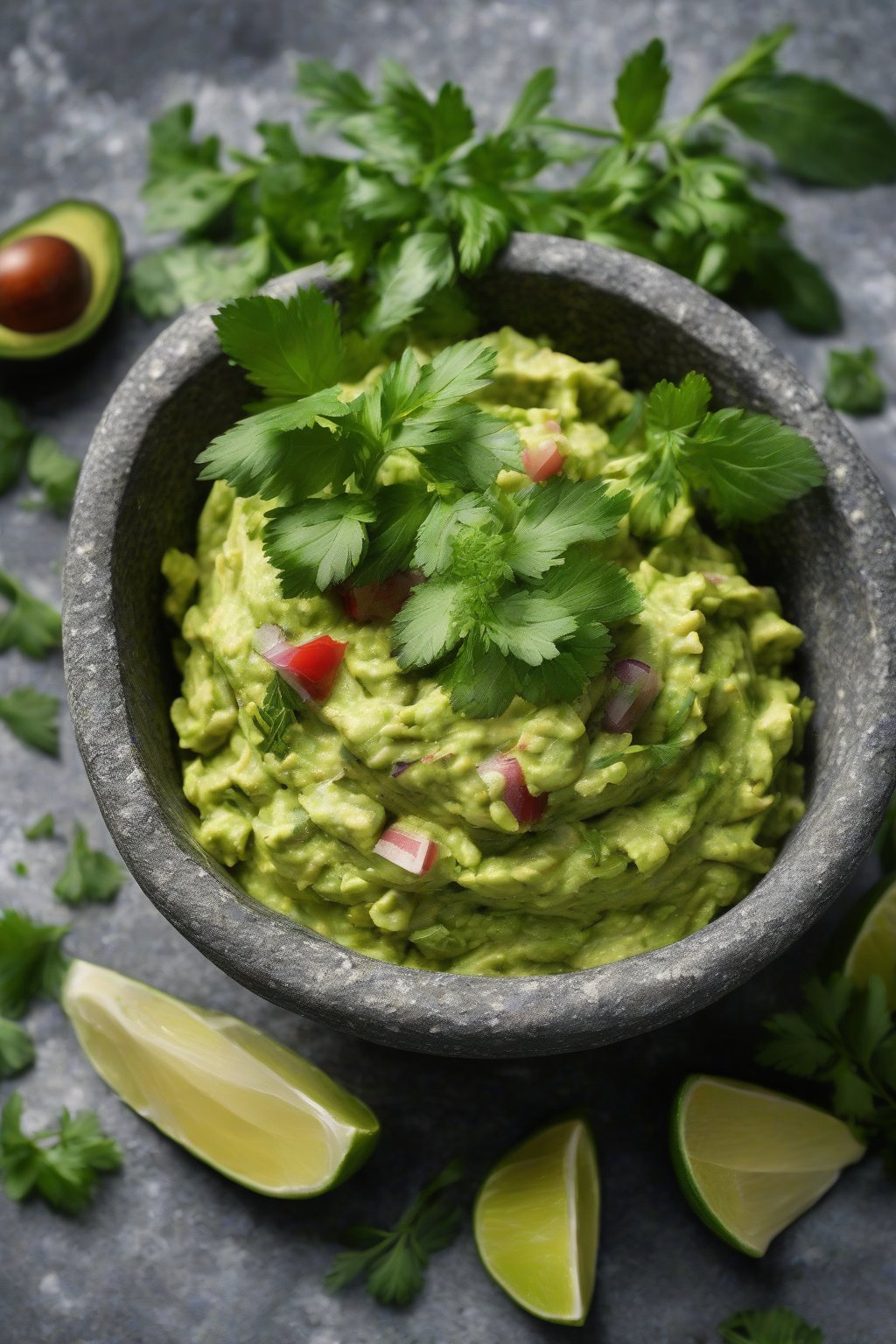 A high-resolution close-up photo of herb garden guacamole brimming with green herbs in a stone mortar, under soft lighting.