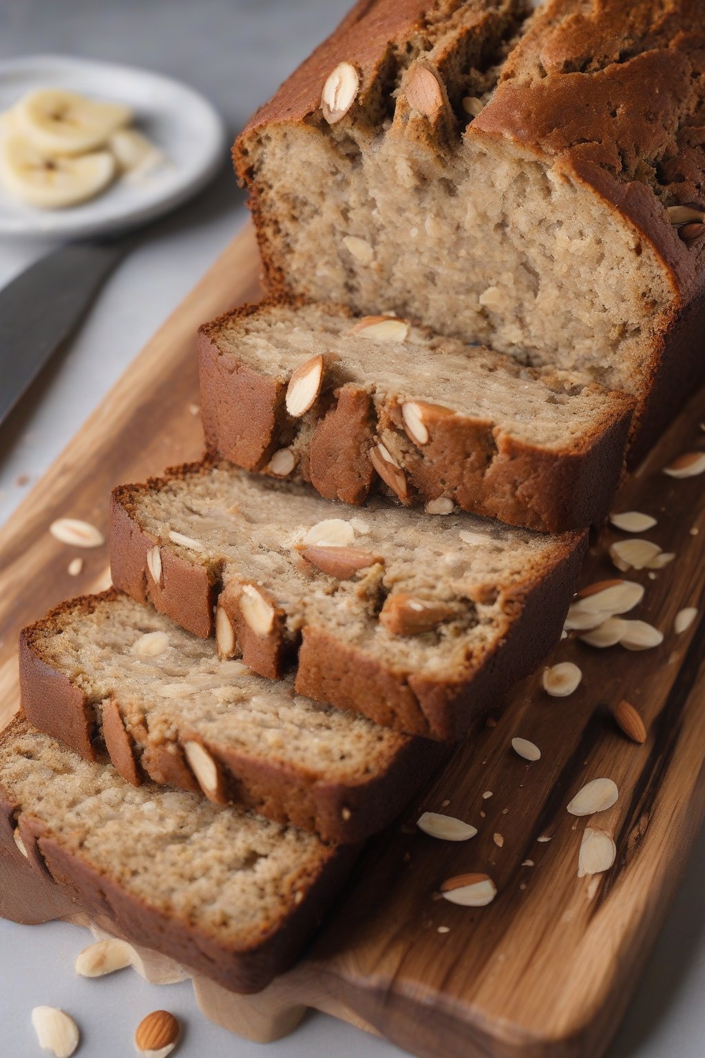 A high-resolution photo of a sliced loaf of gluten-free almond flour banana bread, revealing a moist crumb with visible almond flecks, under soft lighting.